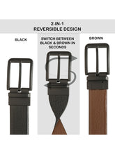 Load image into Gallery viewer, Teakwood Men's Premium Genuine Leather 2-in-1 Reversible Belt | Black & Brown Natural Grain Leather Finish | Matte Black Classic Edge Pin Buckle | Adjustable 35 mm Dress Belt for Formal, Casual, Office & Business Wear