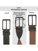 Load image into Gallery viewer, Teakwood Men's Premium Genuine Leather 2-in-1 Reversible Belt | Black & Brown Natural Grain Leather Finish |Matte Black Linear Edge Pin Buckle | Adjustable 35 mm Dress Belt for Formal, Casual, Office & Business Wear