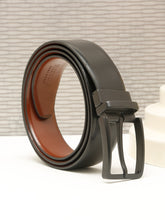 Load image into Gallery viewer, Teakwood Men's Premium Genuine Leather 2-in-1 Reversible Belt | Black & Brown Fine Leather Finish | Matte Black Linear Edge Pin Buckle | Adjustable 35 mm Dress Belt for Formal, Casual, Office & Business Wear