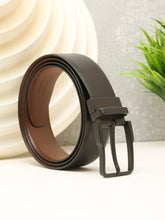 Load image into Gallery viewer, Teakwood Men's Premium Genuine Leather 2-in-1 Reversible Belt | Black & Brown Natural Grain Leather Finish |Matte Black Classic Angular Pin Buckle | Adjustable 35 mm Dress Belt for Formal, Casual, Office & Business Wear