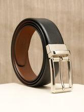 Load image into Gallery viewer, Teakwood Men's Premium Genuine Leather 2-in-1 Reversible Belt | Black & Brown Crosshatch Textured Finish /Silver Refined Slim Frame Pin Buckle | Adjustable 35 mm Dress Belt for Formal, Casual, Office & Business Wear