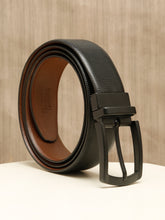 Load image into Gallery viewer, Teakwood Men's Premium Genuine Leather 2-in-1 Reversible Belt | Black & Brown Crosshatch Textured Finish | Matte Black Classic Curved Pin Buckle | Adjustable 35 mm Dress Belt for Formal, Casual, Office & Business Wear