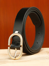 Load image into Gallery viewer, Women Black Leather Belt With Oval Pleated Gold Buckle
