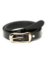 Load image into Gallery viewer, Women’s Black Leather Belt with Gold Sculpted Pin Buckle
