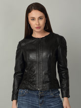 Load image into Gallery viewer, Women Black solid Leather Jacket