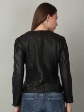 Load image into Gallery viewer, Women Black solid Leather Jacket