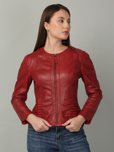 Load image into Gallery viewer, Women Red solid Leather Jacket