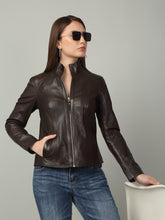 Load image into Gallery viewer, Women Brown High-Neck Leather Jacket