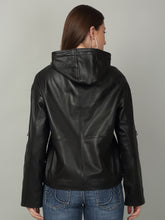 Load image into Gallery viewer, Women's Black Leather Hooded Jacket