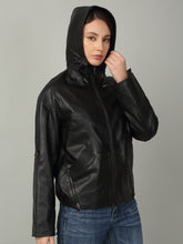 Load image into Gallery viewer, Women's Black Leather Hooded Jacket
