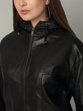 Load image into Gallery viewer, Women's Black Leather Hooded Jacket