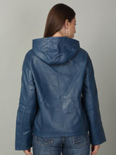 Load image into Gallery viewer, Women's Blue Leather Hooded Jacket