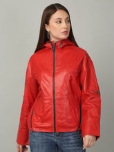 Load image into Gallery viewer, Women's Red Leather Hooded Jacket