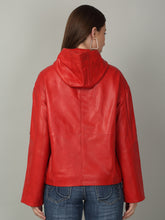 Load image into Gallery viewer, Women's Red Leather Hooded Jacket