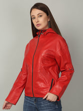 Load image into Gallery viewer, Women's Red Leather Hooded Jacket