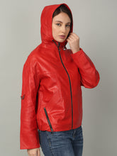Load image into Gallery viewer, Women's Red Leather Hooded Jacket