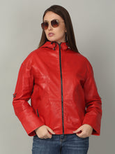 Load image into Gallery viewer, Women's Red Leather Hooded Jacket