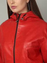 Load image into Gallery viewer, Women's Red Leather Hooded Jacket