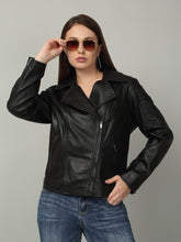 Load image into Gallery viewer, Women's Black Leather Biker Jacket