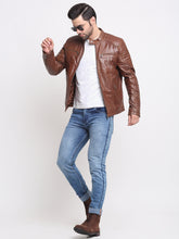 Load image into Gallery viewer, Men Brown Striped Leather Jacket
