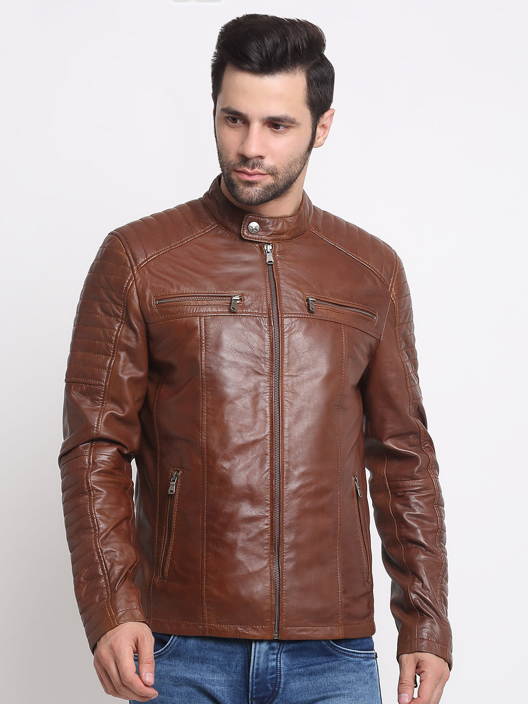 Men Brown Striped Leather Jacket