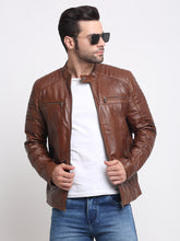 Load image into Gallery viewer, Men Brown Striped Leather Jacket