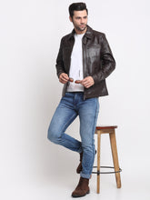 Load image into Gallery viewer, Men Brown Solid Leather Jacket