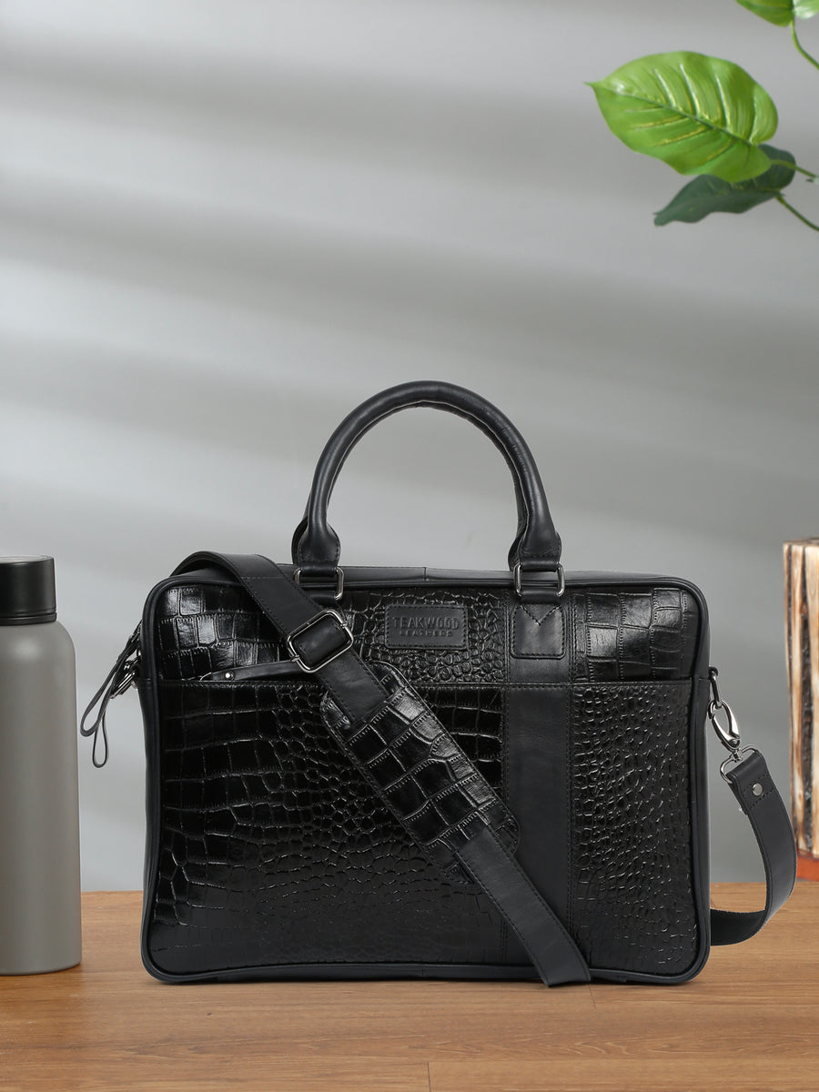 バッグ Rare Black Croco Leather Bag archive 00s Unisex Black Croco Texture Leather Bag | Teakwood Leathers