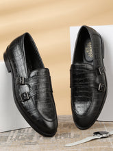 Load image into Gallery viewer, Men's Black Texture Leather Monk Strap Loafers