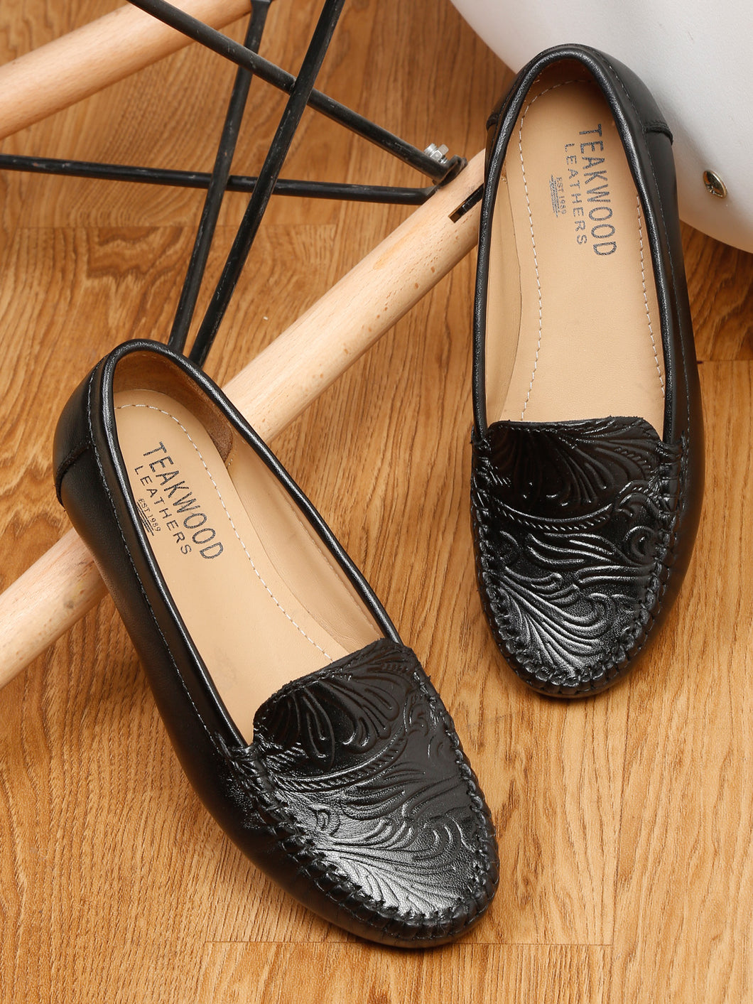 Teakwood Leathers Women Black Printed Slip-on Loafers