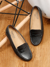 Load image into Gallery viewer, Teakwood Leathers Women Black Solid Slip-on Loafers
