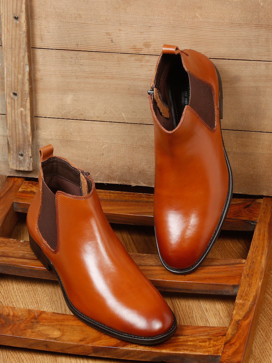 Mens Leather Chelsea Boots With Mid Top Block Heels – Teakwood