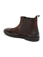 Load image into Gallery viewer, Men's Brown Suede Leather with laser cut Mid-Top Chelsea Boots