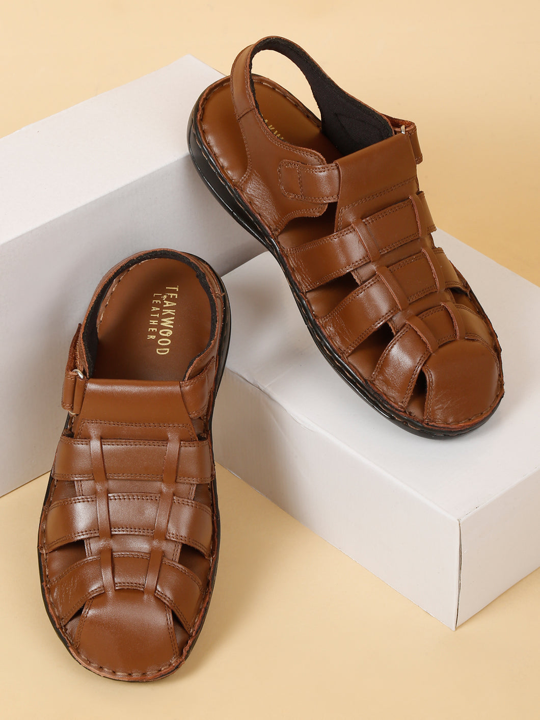Men Tan Solid Leather Sandal