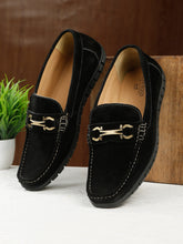 Load image into Gallery viewer, Men's Black Suede Leather Loafers With Antique Gold Buckle
