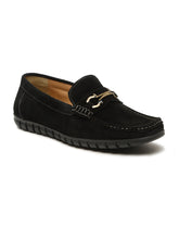 Load image into Gallery viewer, Men's Black Suede Leather Loafers With Antique Gold Buckle