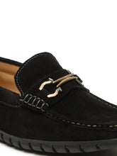 Load image into Gallery viewer, Men's Black Suede Leather Loafers With Antique Gold Buckle