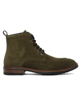 Load image into Gallery viewer, Men Olive Leather Mid Top Lace-Up Boots