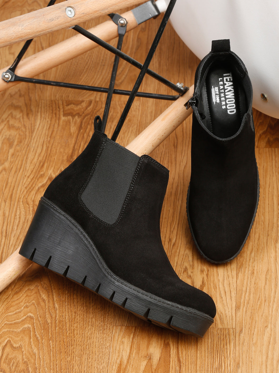 Teakwood Leathers Women Black Solid Suede Mid-top Wedges Boots