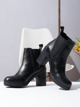 Load image into Gallery viewer, Women's Black Solid Leather Mid - Ankle High Heeled Boots