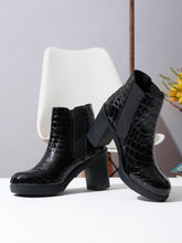 Load image into Gallery viewer, Women's Black Croco Texture Lether Mid - Ankle High Heeled Boots