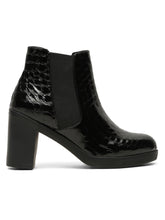 Load image into Gallery viewer, Women's Black Croco Texture Lether Mid - Ankle High Heeled Boots