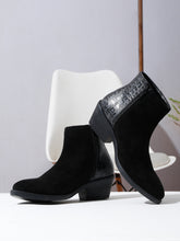 Load image into Gallery viewer, Women's Black Croco Texture With Suede Lether Mid-Ankle Blocked Heel Boots