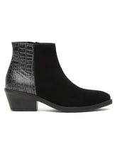 Load image into Gallery viewer, Women's Black Croco Texture With Suede Lether Mid-Ankle Blocked Heel Boots