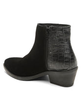 Load image into Gallery viewer, Women's Black Croco Texture With Suede Lether Mid-Ankle Blocked Heel Boots