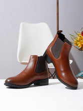 Load image into Gallery viewer, Women's Tan Solid Leather Slip-On Blocked Heel Boots
