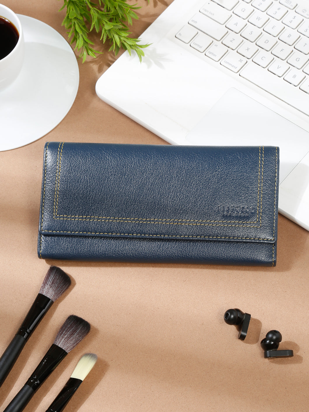 Women Deep Blue Leather Two Fold Wallet