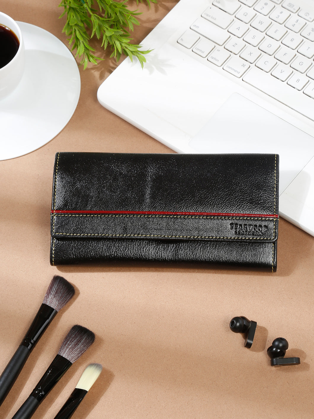 Women Black Leather Two Fold Wallet
