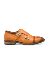 Load image into Gallery viewer, Men Tan Brown Solid Leather Round Toe Formal Monks