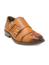 Load image into Gallery viewer, Men Tan Brown Solid Leather Round Toe Formal Monks